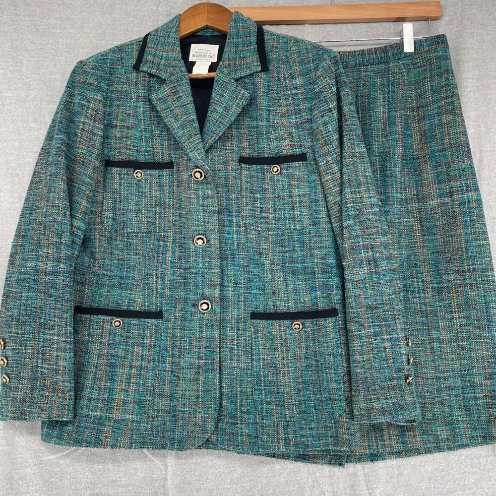 VTG Raw Silk Cotton Tweed Skirt Suit Set Teal Blue Size 12P Career Business Chic